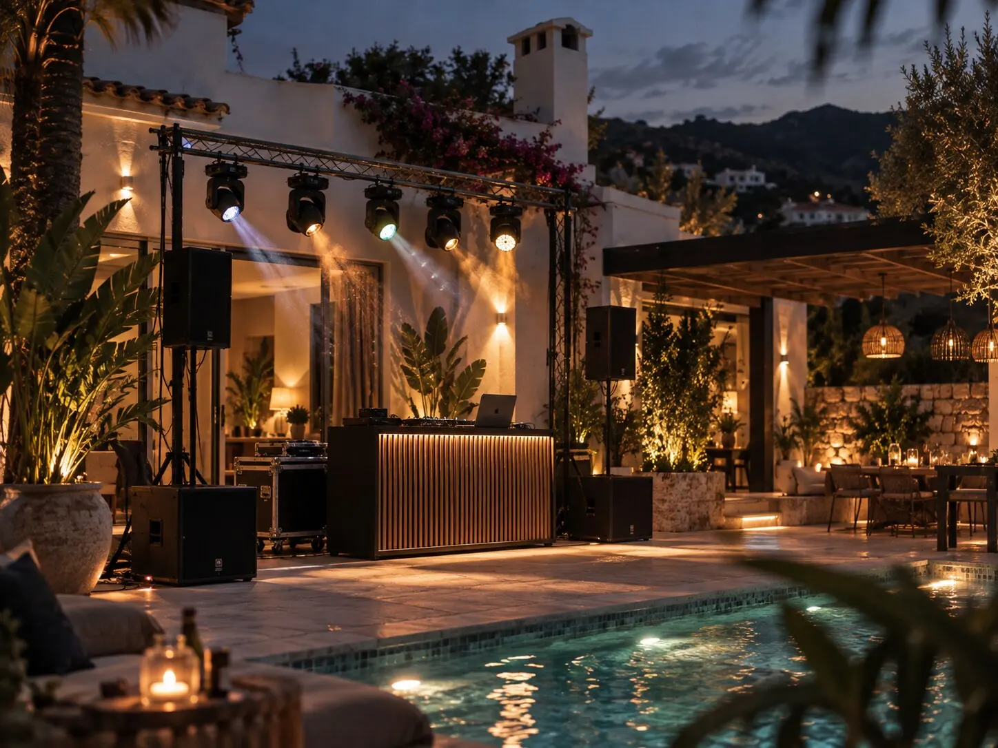 A villa terrace at dusk with a DJ booth, moving lights on truss and a lit pool